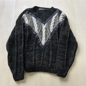 Vintage Front Line Sweater Mens Medium Multicolor Cable Knit Leather Panel